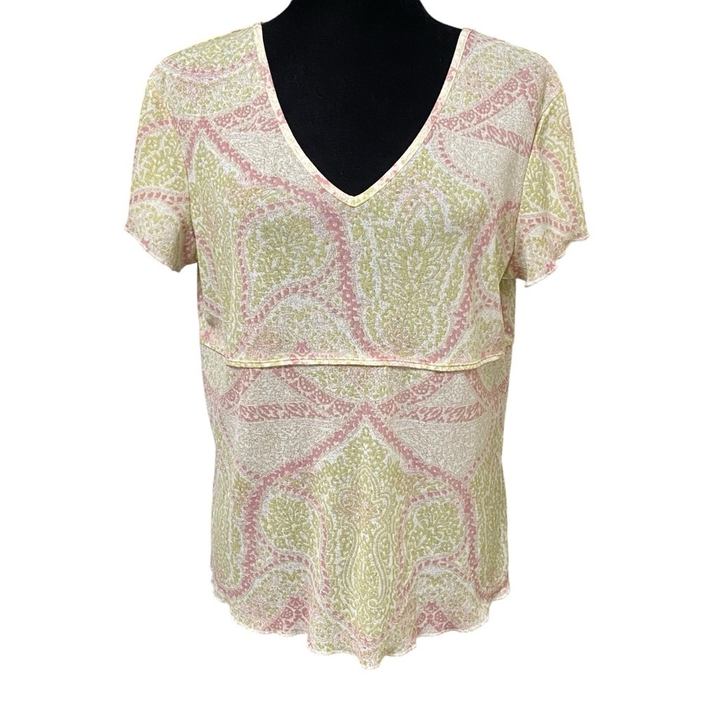J Jill Sheer Paisley Boho Babydoll Top V-Neck Short Sleeve Y2K Style Large